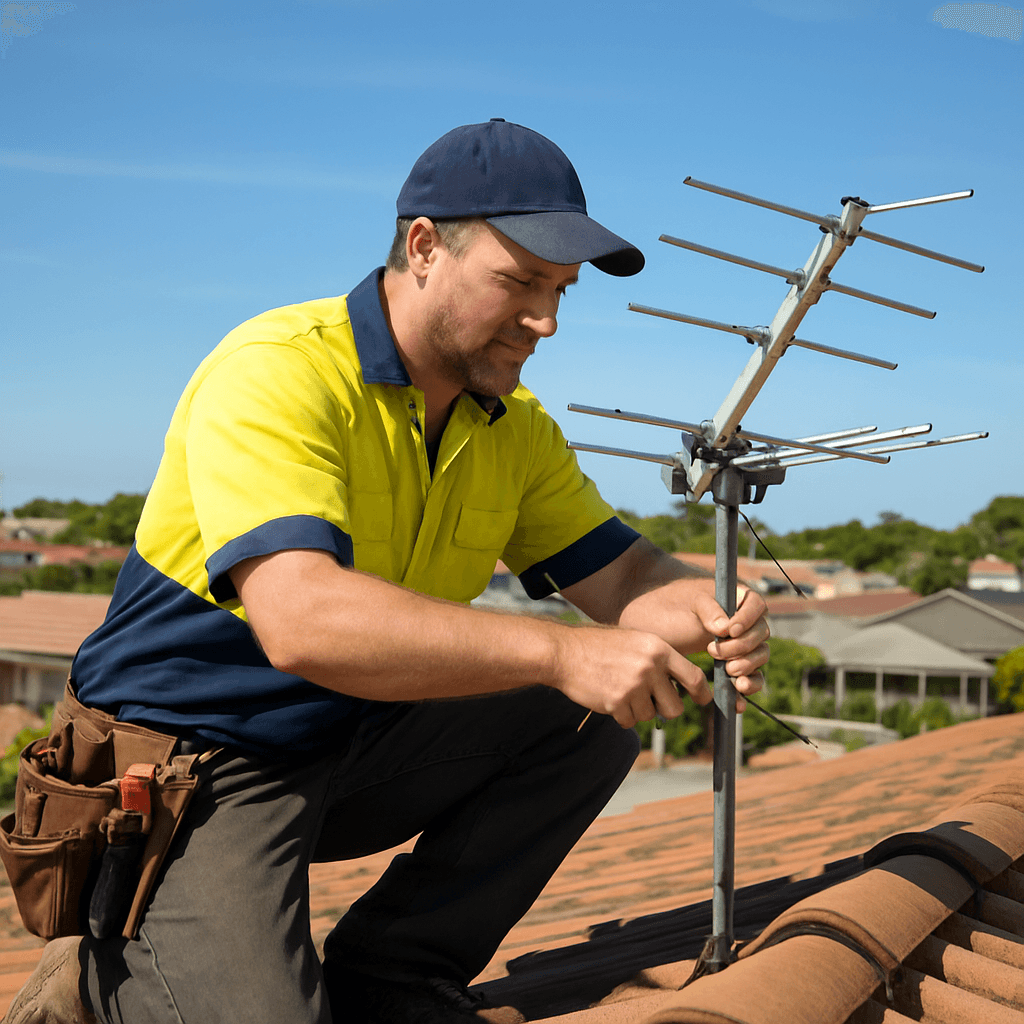 Technician diagnosing a TV reception problem on a Perth rooftop antenna