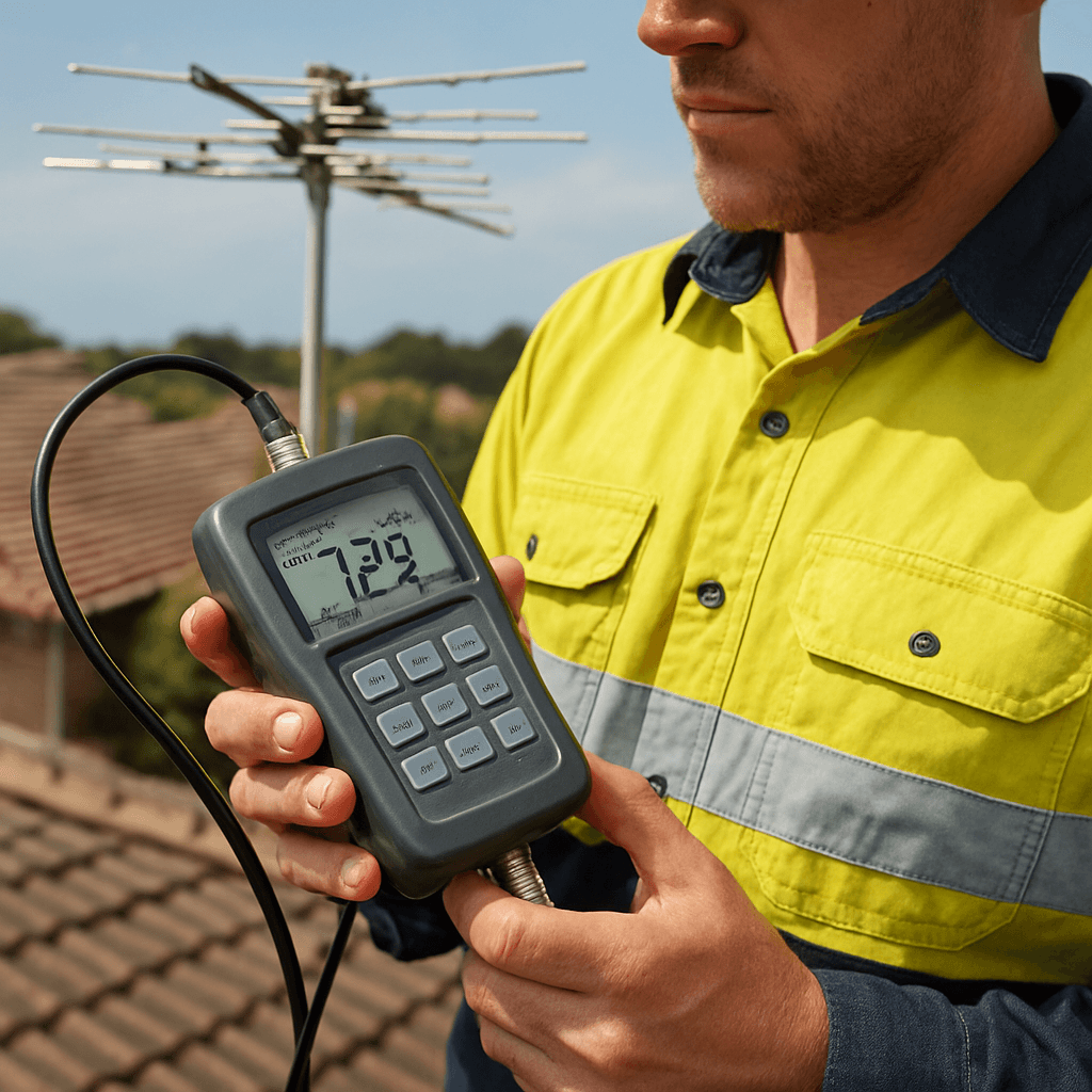 Perth technician signal-testing a TV point during a reception callout